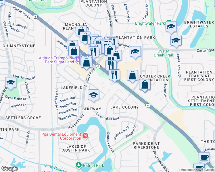 map of restaurants, bars, coffee shops, grocery stores, and more near 2807 Winter Lakes in Missouri City