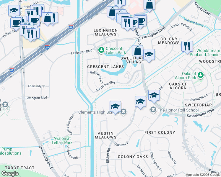 map of restaurants, bars, coffee shops, grocery stores, and more near 4318 Greystone Way in Sugar Land