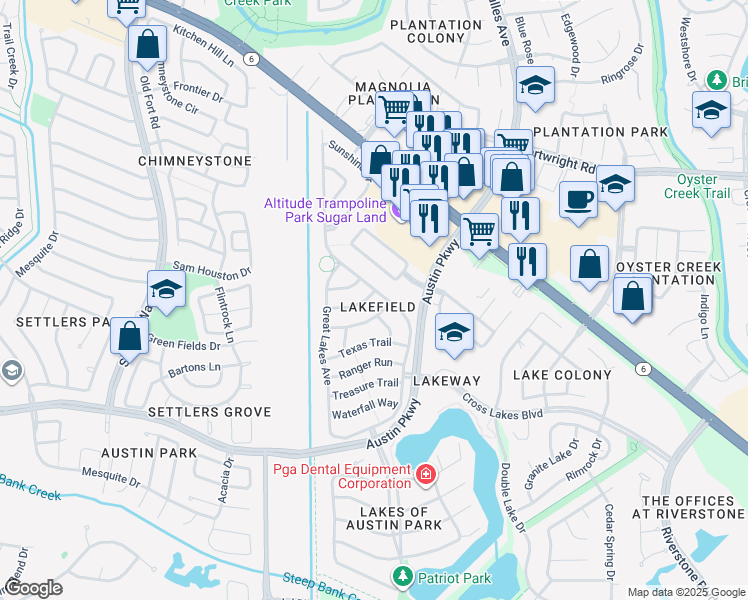 map of restaurants, bars, coffee shops, grocery stores, and more near 4526 Alamo Avenue in Sugar Land