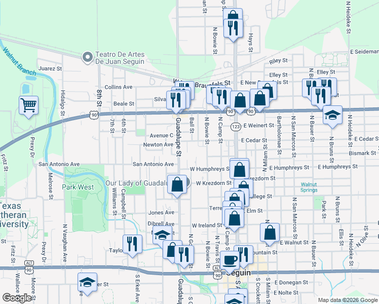 map of restaurants, bars, coffee shops, grocery stores, and more near 313 West Cedar Street in Seguin