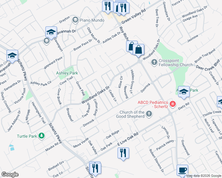 map of restaurants, bars, coffee shops, grocery stores, and more near 1041 Midwell in Schertz