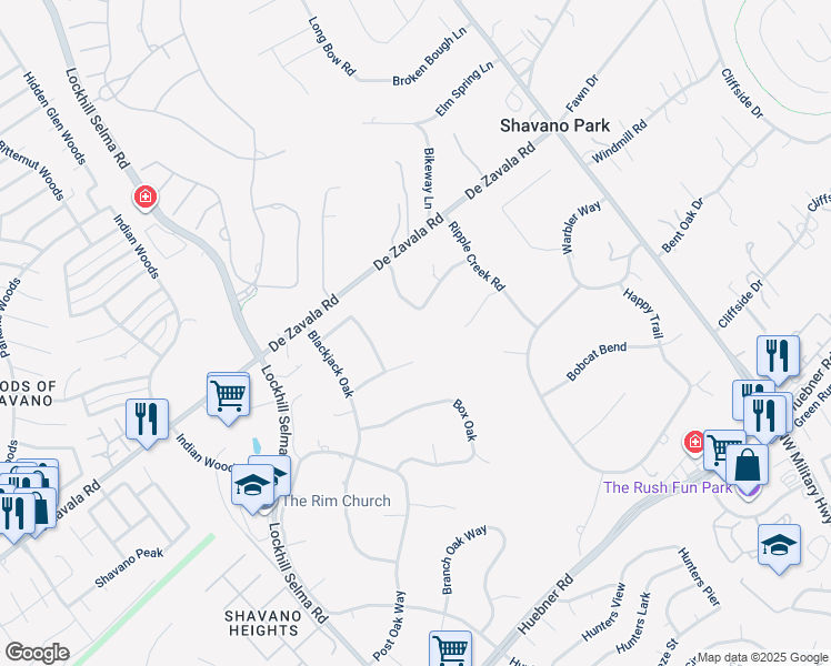 map of restaurants, bars, coffee shops, grocery stores, and more near 108 Painted Post Lane in Shavano Park