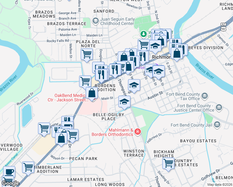 map of restaurants, bars, coffee shops, grocery stores, and more near 411 South Union Street in Richmond