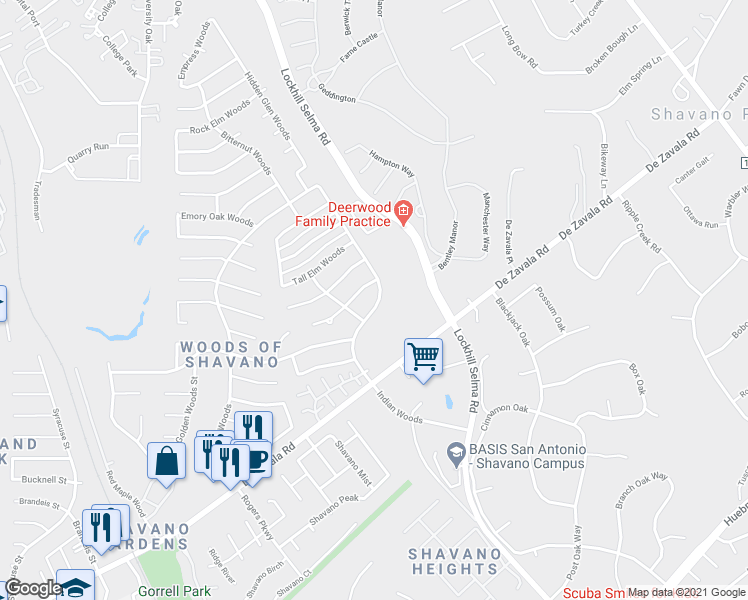 map of restaurants, bars, coffee shops, grocery stores, and more near 14315 Indian Woods in San Antonio