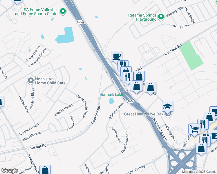 map of restaurants, bars, coffee shops, grocery stores, and more near 15191 Lookout Road in San Antonio
