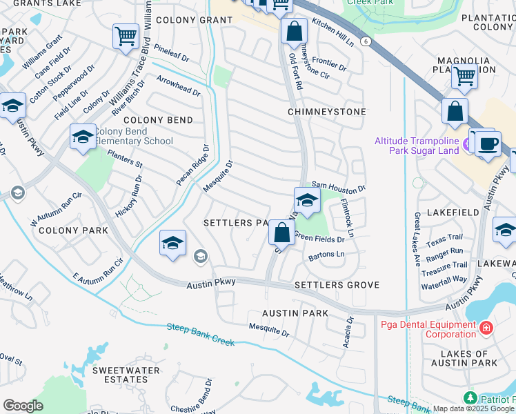 map of restaurants, bars, coffee shops, grocery stores, and more near 3415 Hidden Creek Drive in Sugar Land