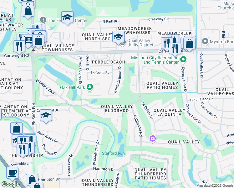 map of restaurants, bars, coffee shops, grocery stores, and more near 2822 East Pebble Beach Drive in Missouri City