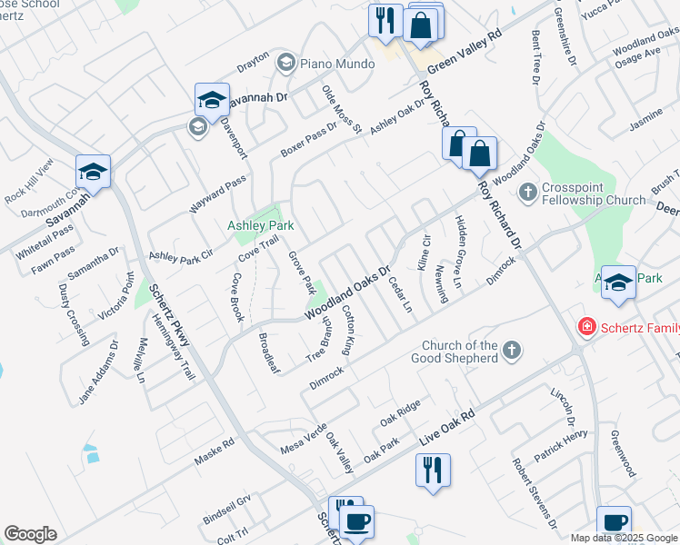 map of restaurants, bars, coffee shops, grocery stores, and more near 2717 Poplar Grove Lane in Schertz
