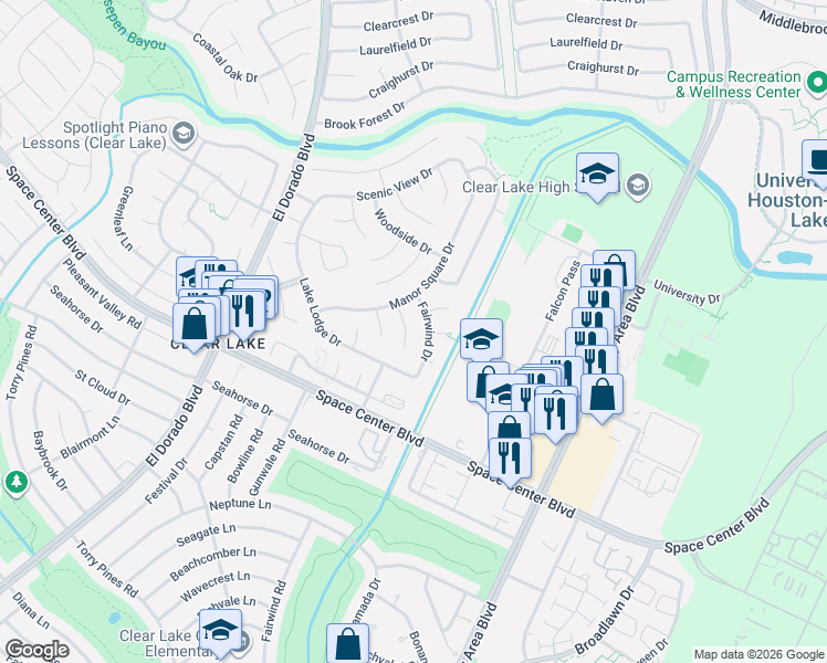 map of restaurants, bars, coffee shops, grocery stores, and more near 2043 Park Grand Road in Houston