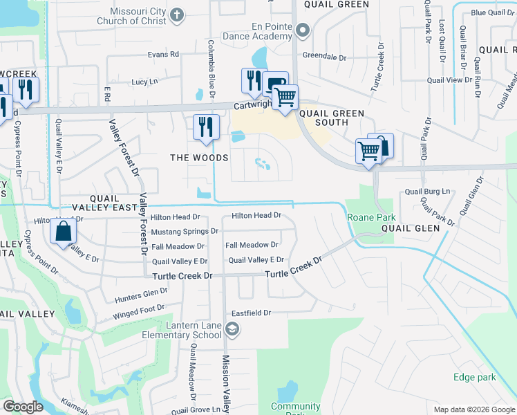 map of restaurants, bars, coffee shops, grocery stores, and more near 1827 Gray Hawk Drive in Missouri City