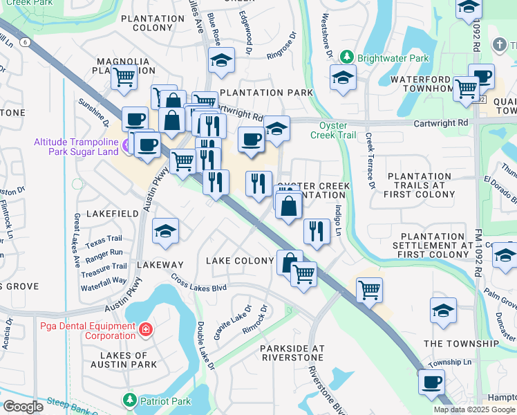 map of restaurants, bars, coffee shops, grocery stores, and more near 4909 Highway 6 in Missouri City