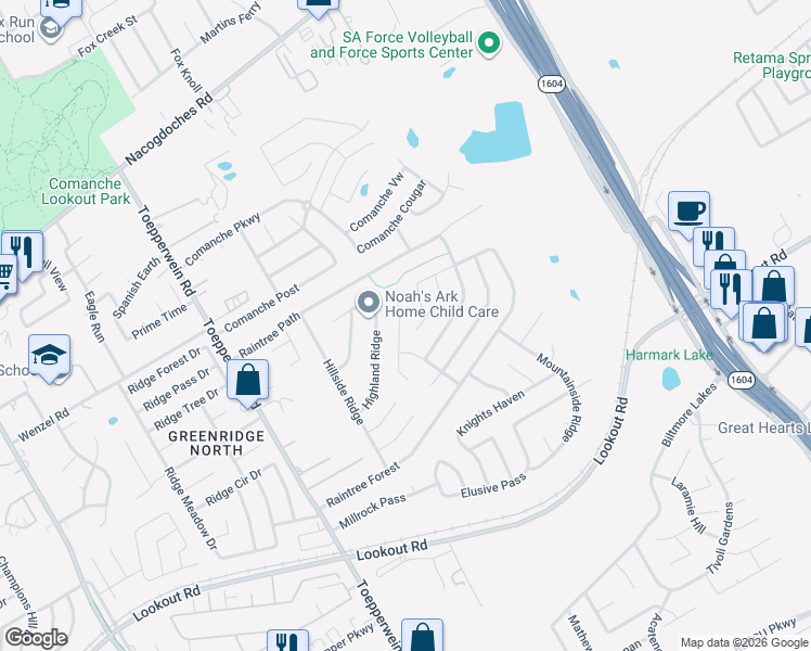 map of restaurants, bars, coffee shops, grocery stores, and more near 7107 Rock Bluff in San Antonio