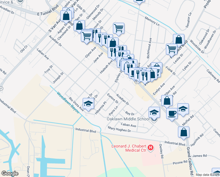 map of restaurants, bars, coffee shops, grocery stores, and more near 1801 Acadian Drive in Houma