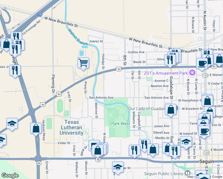 map of restaurants, bars, coffee shops, grocery stores, and more near 920 San Antonio Avenue in Seguin