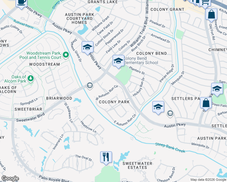 map of restaurants, bars, coffee shops, grocery stores, and more near 2926 West Autumn Run Circle in Sugar Land