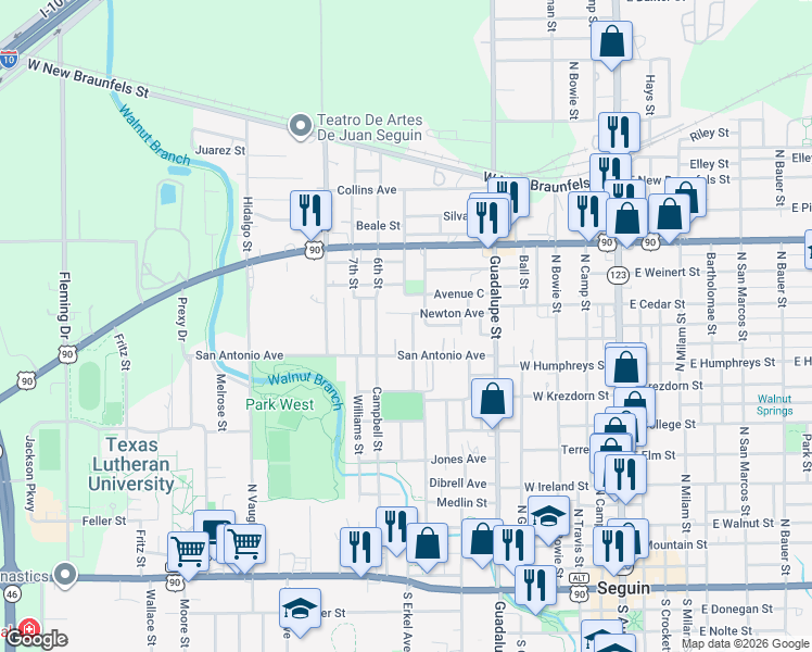 map of restaurants, bars, coffee shops, grocery stores, and more near 1102 Avenue D in Seguin