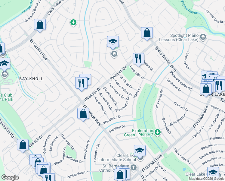 map of restaurants, bars, coffee shops, grocery stores, and more near 14919 Sun Harbor Drive in Houston