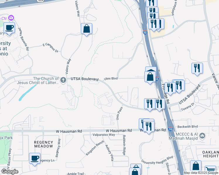map of restaurants, bars, coffee shops, grocery stores, and more near 5684 UTSA Blvd in San Antonio