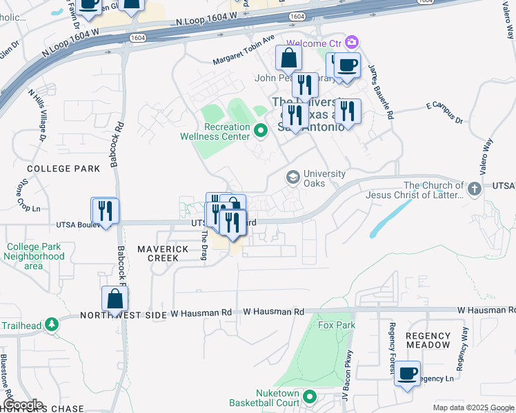 map of restaurants, bars, coffee shops, grocery stores, and more near 6707 UTSA Boulevard in San Antonio