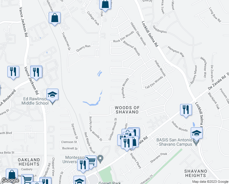 map of restaurants, bars, coffee shops, grocery stores, and more near 4515 Meredith Woods Street in San Antonio