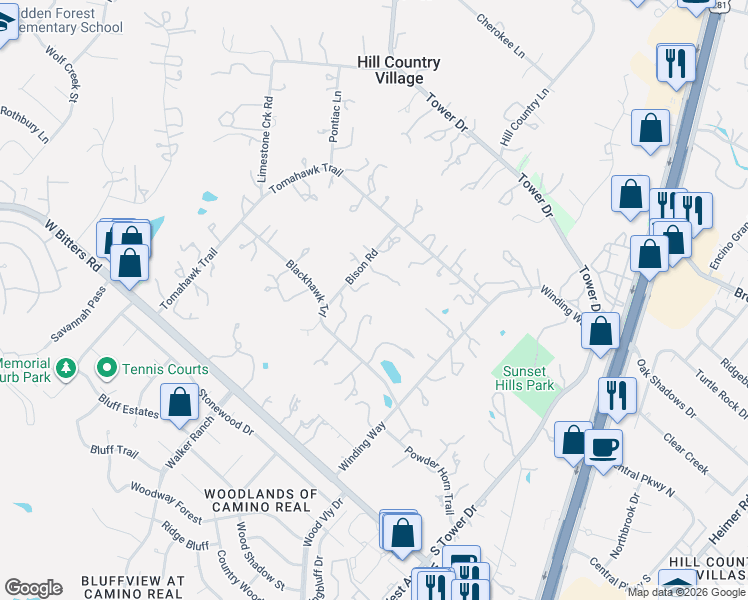 map of restaurants, bars, coffee shops, grocery stores, and more near 108 Bison Road in San Antonio