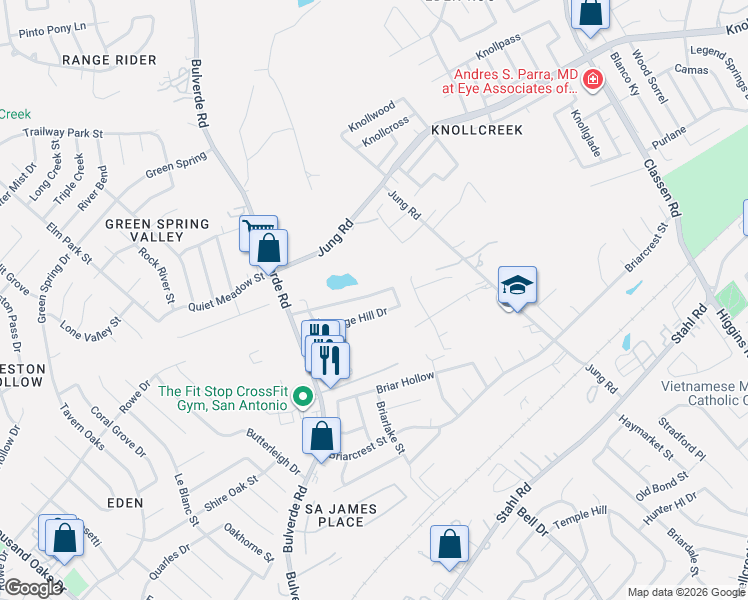 map of restaurants, bars, coffee shops, grocery stores, and more near 3937 Chimney Springs Drive in San Antonio