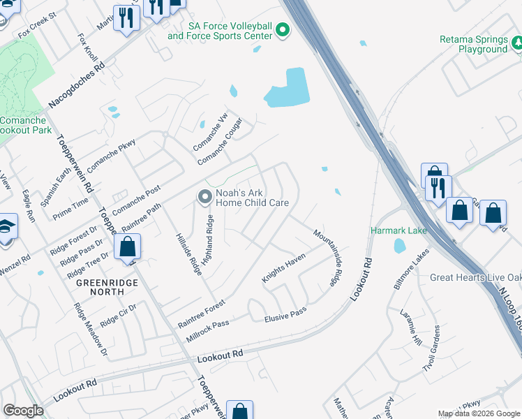 map of restaurants, bars, coffee shops, grocery stores, and more near 7111 Horizon Peak in San Antonio