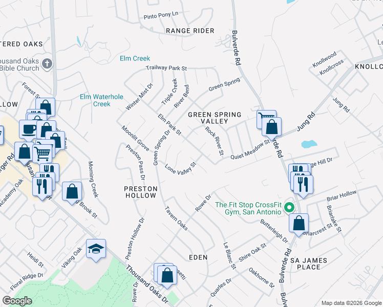 map of restaurants, bars, coffee shops, grocery stores, and more near 15014 Elm Park Street in San Antonio