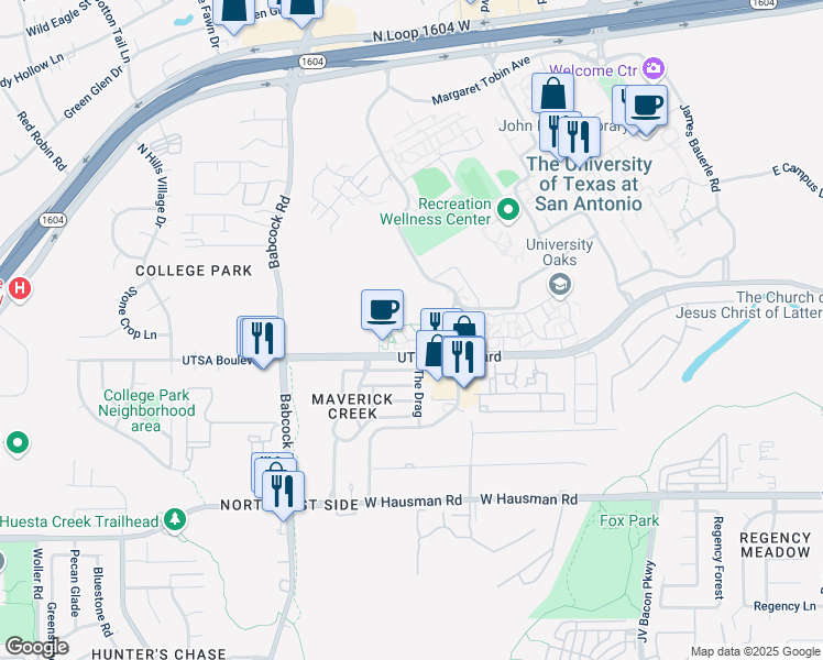 map of restaurants, bars, coffee shops, grocery stores, and more near 6707 UTSA Boulevard in San Antonio