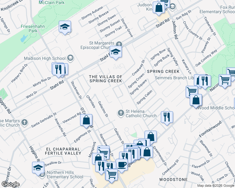map of restaurants, bars, coffee shops, grocery stores, and more near 15327 Spring Dew in San Antonio