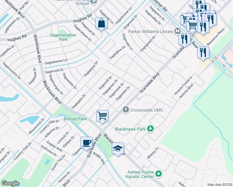 map of restaurants, bars, coffee shops, grocery stores, and more near 10131 Sagemark Drive in Houston