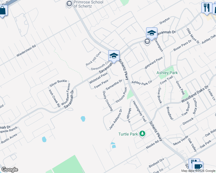 map of restaurants, bars, coffee shops, grocery stores, and more near 225 Samantha Drive in Schertz