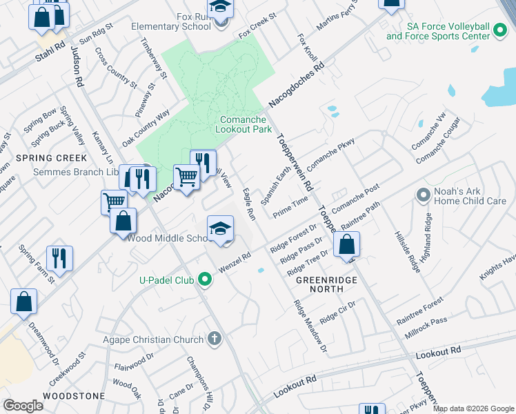 map of restaurants, bars, coffee shops, grocery stores, and more near 14927 River Wind in San Antonio