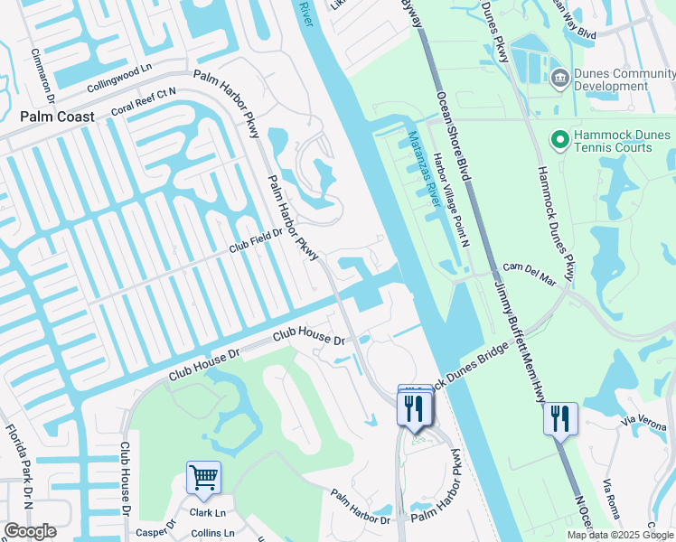 map of restaurants, bars, coffee shops, grocery stores, and more near 21 Marina Point Place in Palm Coast