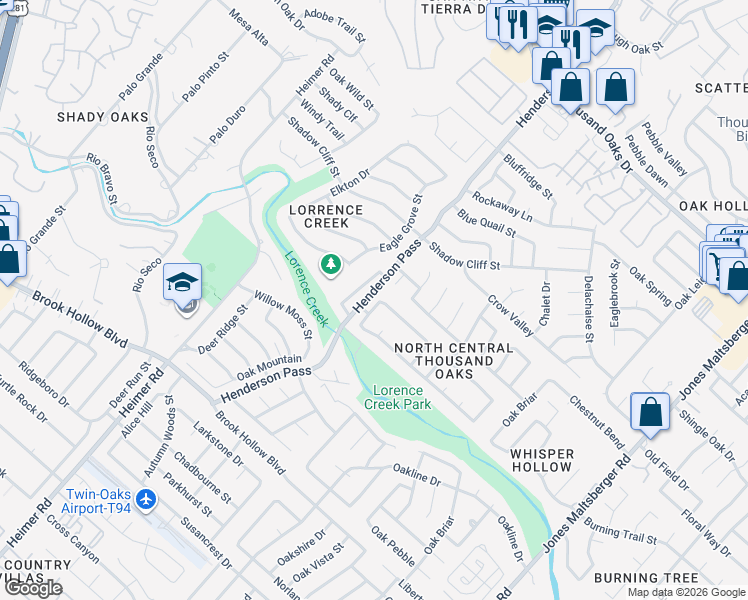 map of restaurants, bars, coffee shops, grocery stores, and more near 14935 Moss Arbor in San Antonio