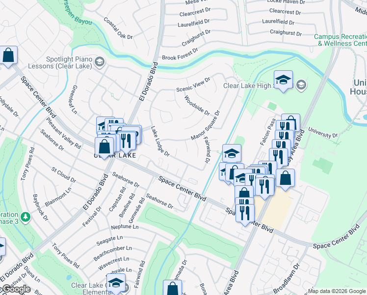 map of restaurants, bars, coffee shops, grocery stores, and more near 15822 Manor Square Drive in Houston