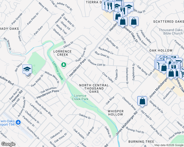 map of restaurants, bars, coffee shops, grocery stores, and more near 15122 Oakmere Street in San Antonio