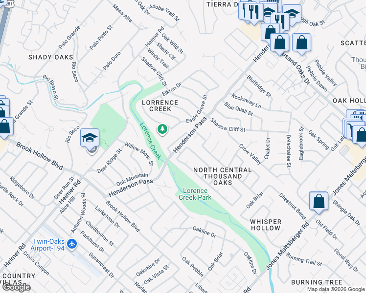 map of restaurants, bars, coffee shops, grocery stores, and more near 14935 Moss Arbor in San Antonio