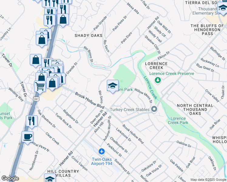 map of restaurants, bars, coffee shops, grocery stores, and more near 14819 Heimer Road in San Antonio