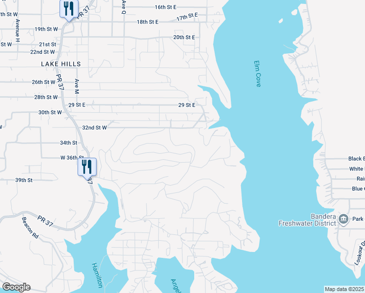 map of restaurants, bars, coffee shops, grocery stores, and more near 137 Hilltop Loop in Lakehills