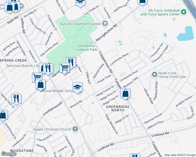 map of restaurants, bars, coffee shops, grocery stores, and more near 15003 Bayfield in San Antonio
