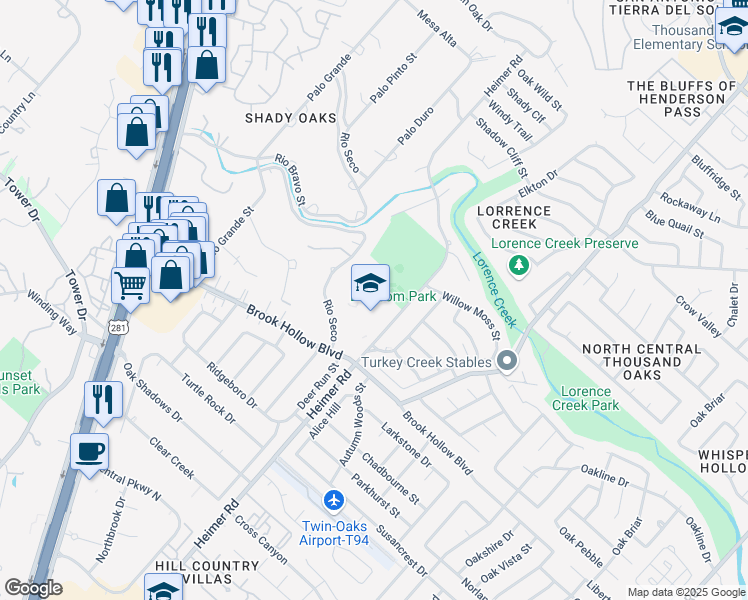 map of restaurants, bars, coffee shops, grocery stores, and more near 14819 Heimer Road in San Antonio
