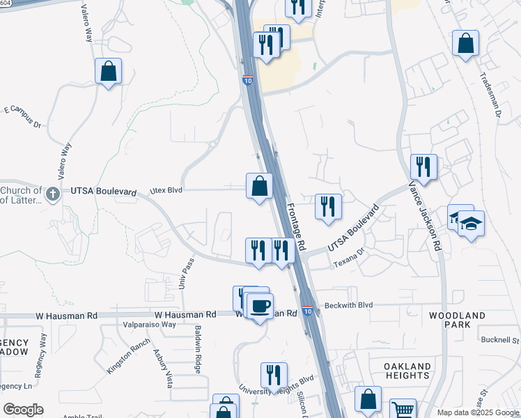 map of restaurants, bars, coffee shops, grocery stores, and more near 14434 Interstate 10 in San Antonio