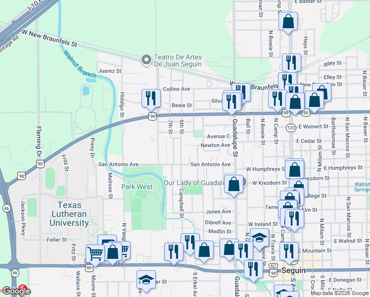 map of restaurants, bars, coffee shops, grocery stores, and more near 737 Newton Avenue in Seguin
