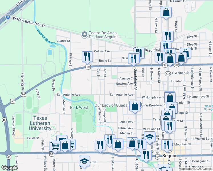 map of restaurants, bars, coffee shops, grocery stores, and more near 732 Newton Avenue in Seguin