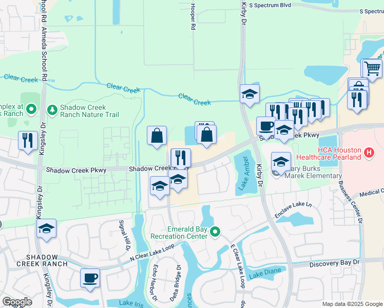 map of restaurants, bars, coffee shops, grocery stores, and more near 12001 Shadow Creek Parkway in Pearland