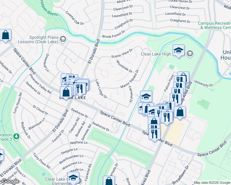 map of restaurants, bars, coffee shops, grocery stores, and more near 15822 Manor Square Drive in Houston