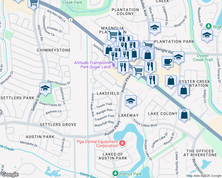 map of restaurants, bars, coffee shops, grocery stores, and more near 4622 Springfield Lakes Street in Sugar Land