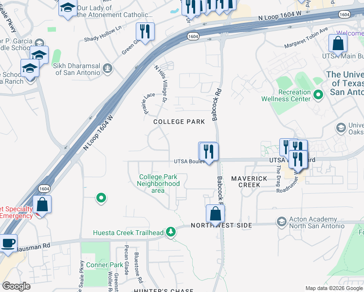 map of restaurants, bars, coffee shops, grocery stores, and more near 14333 Babcock Road in San Antonio