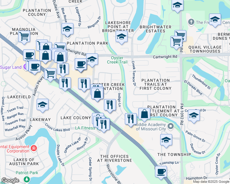 map of restaurants, bars, coffee shops, grocery stores, and more near Aspen Court in Missouri City